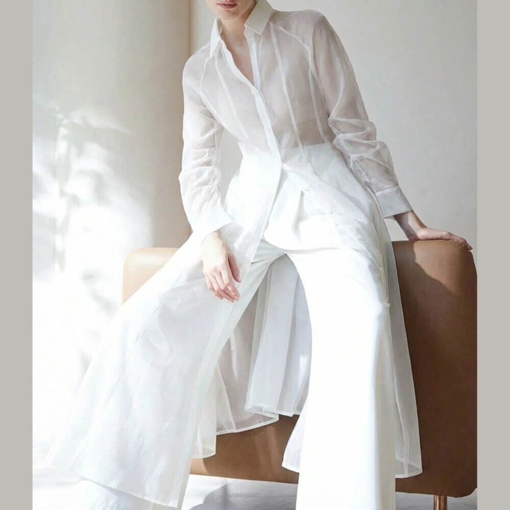 White Sheer Organza Collared Long Sleeve High Low Shirt Duster Coat